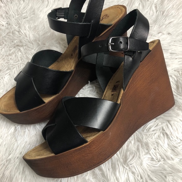 Seychelles Leather Wedges Criss Cross Black Tan 8 - Picture 3 of 11